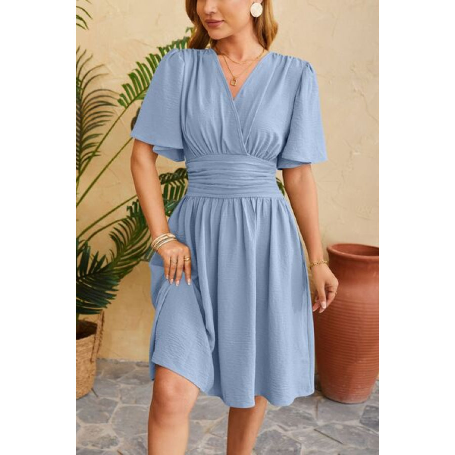 Ruched Surplice Short Sleeve Dress Apparel and Accessories