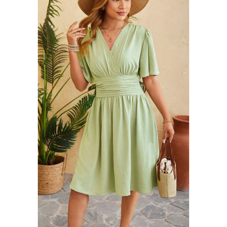 Ruched Surplice Short Sleeve Dress Gum Leaf / S Apparel and Accessories