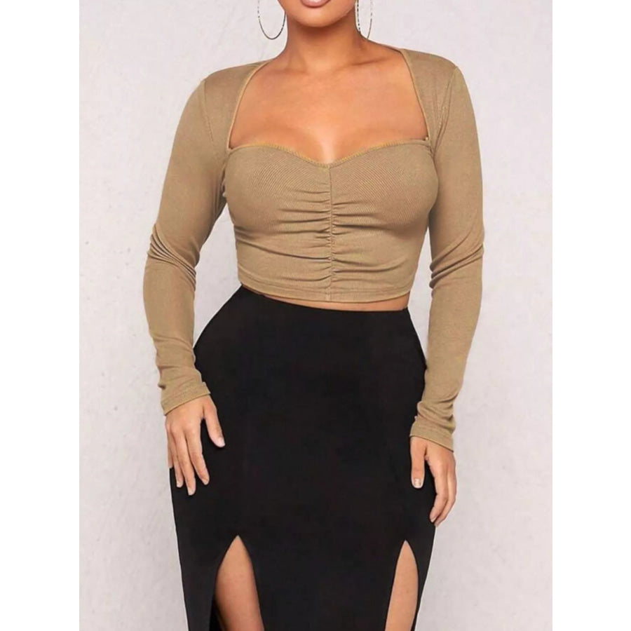 Ruched Sweetheart Neck Long Sleeve Crop T-Shirt Apparel and Accessories