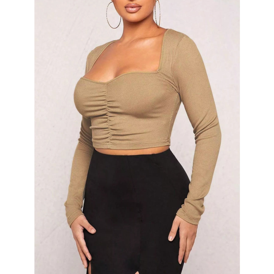 Ruched Sweetheart Neck Long Sleeve Crop T-Shirt Apparel and Accessories