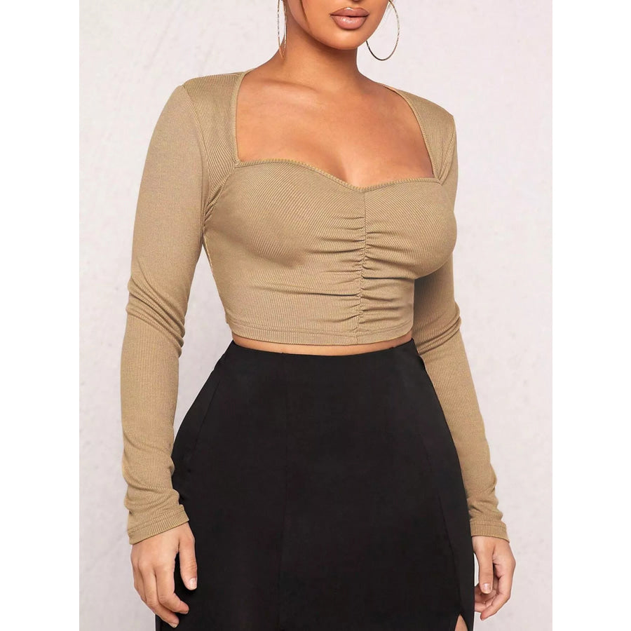 Ruched Sweetheart Neck Long Sleeve Crop T-Shirt Apparel and Accessories