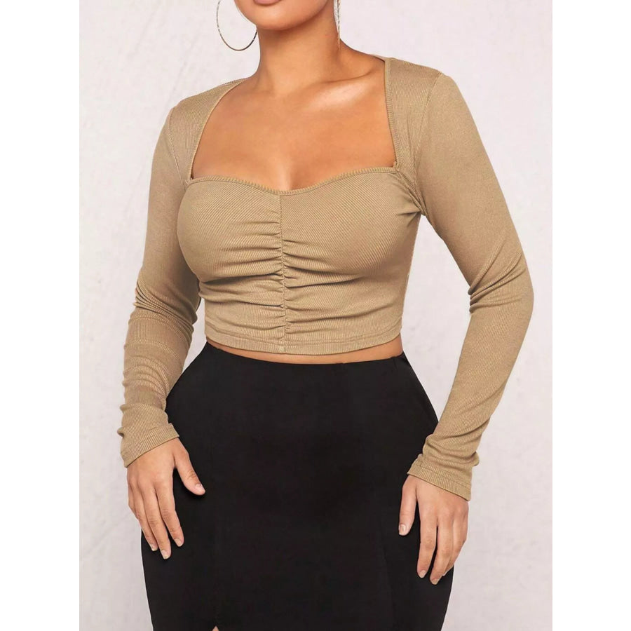 Ruched Sweetheart Neck Long Sleeve Crop T-Shirt Khaki / S Apparel and Accessories
