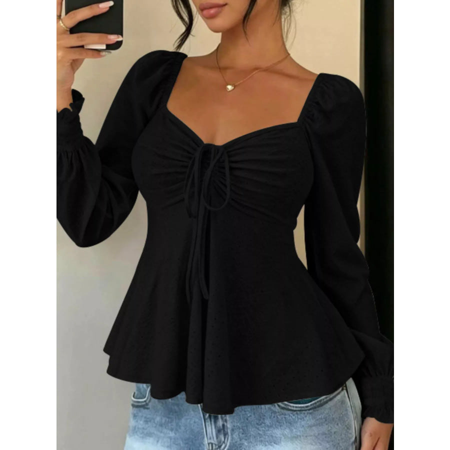 Ruched Sweetheart Neck Long Sleeve Top Black / S Apparel and Accessories