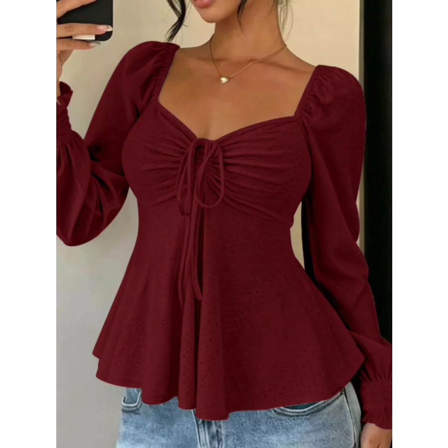 Ruched Sweetheart Neck Long Sleeve Top Burgundy / S Apparel and Accessories