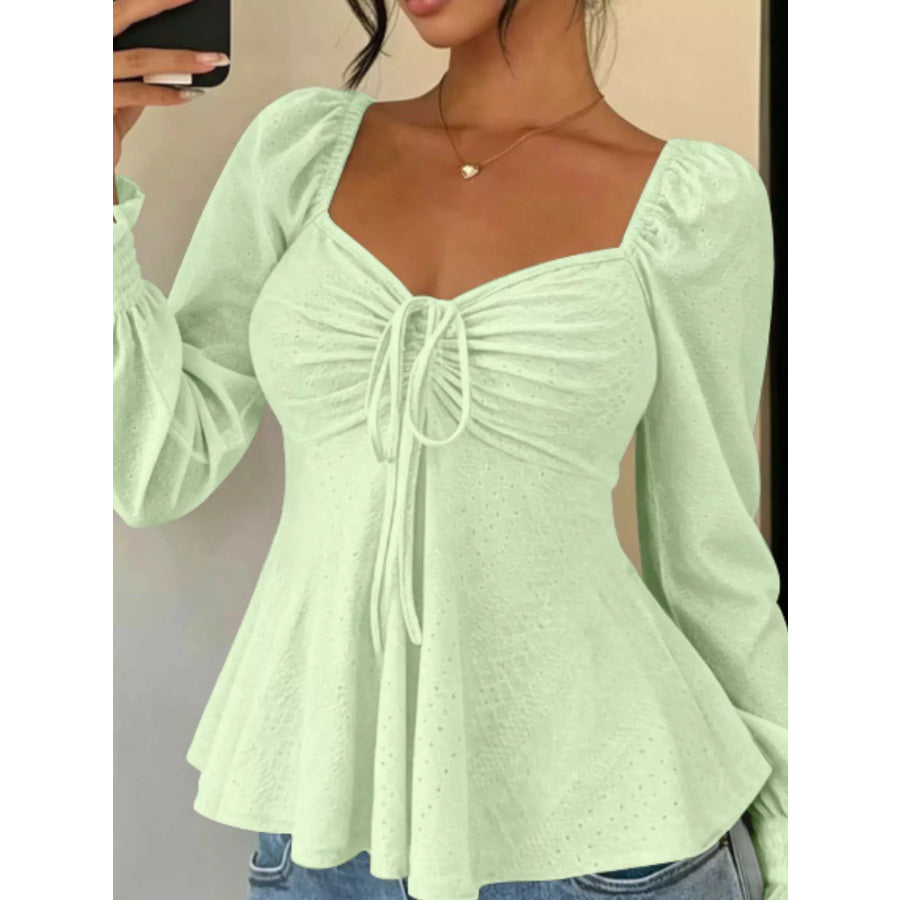 Ruched Sweetheart Neck Long Sleeve Top Neon Green / S Apparel and Accessories
