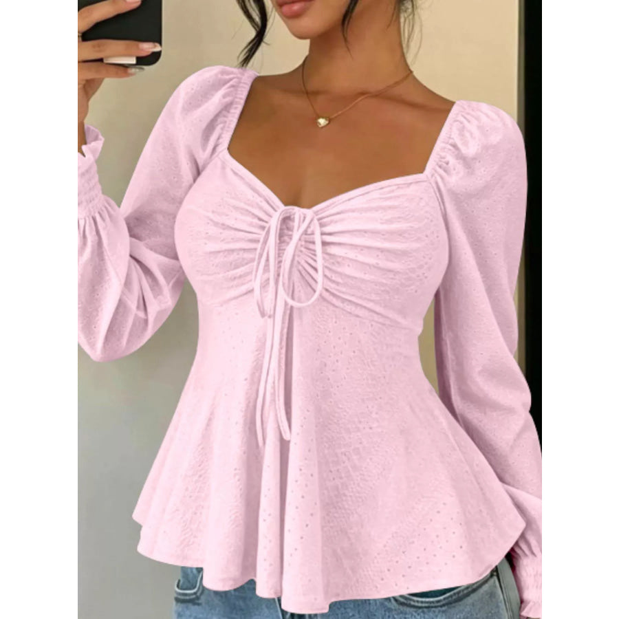 Ruched Sweetheart Neck Long Sleeve Top Pink / S Apparel and Accessories