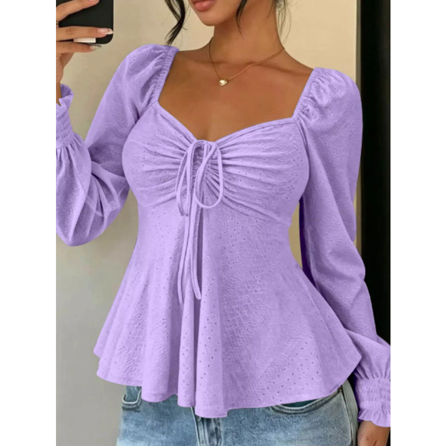 Ruched Sweetheart Neck Long Sleeve Top Purple / S Apparel and Accessories