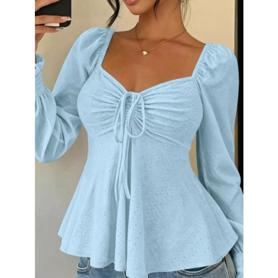 Ruched Sweetheart Neck Long Sleeve Top Sky Blue / S Apparel and Accessories