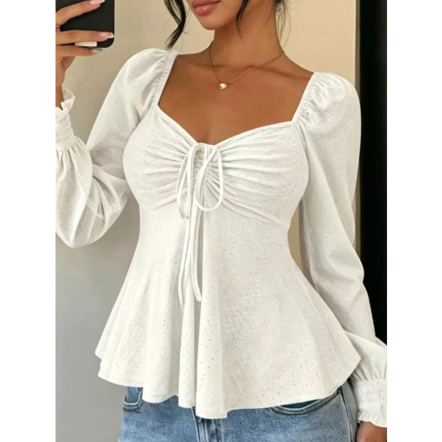 Ruched Sweetheart Neck Long Sleeve Top White / S Apparel and Accessories