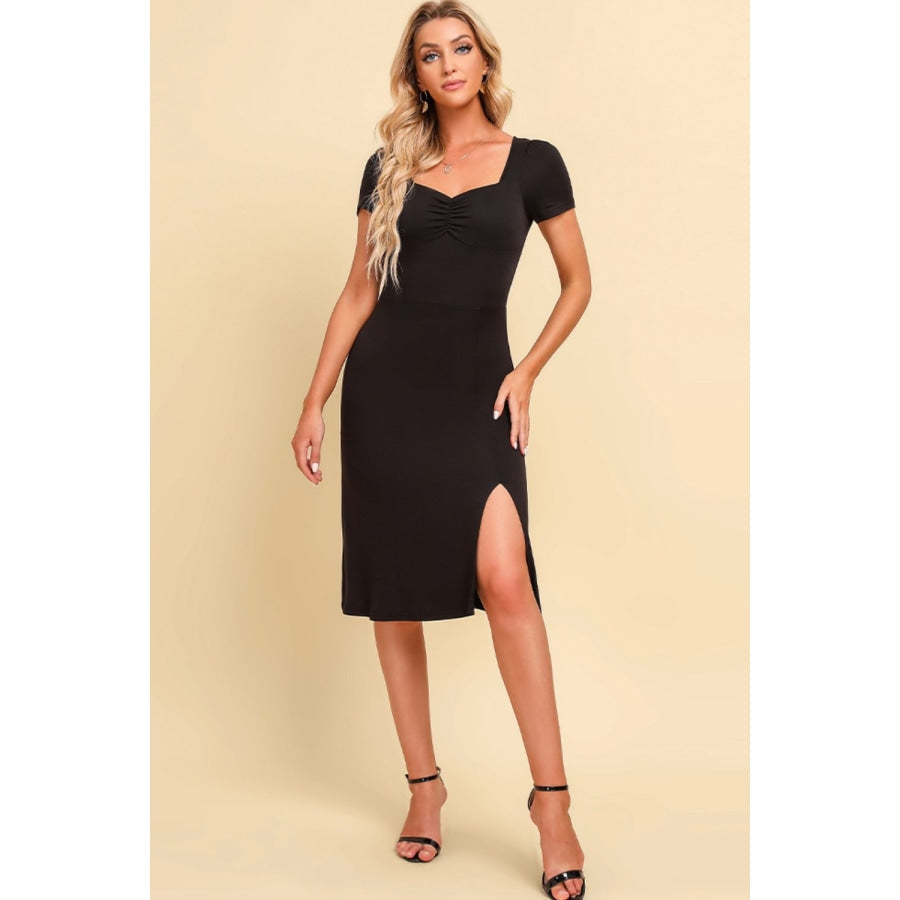 Ruched Sweetheart Neck Short Sleeve Slit Dress Black / S