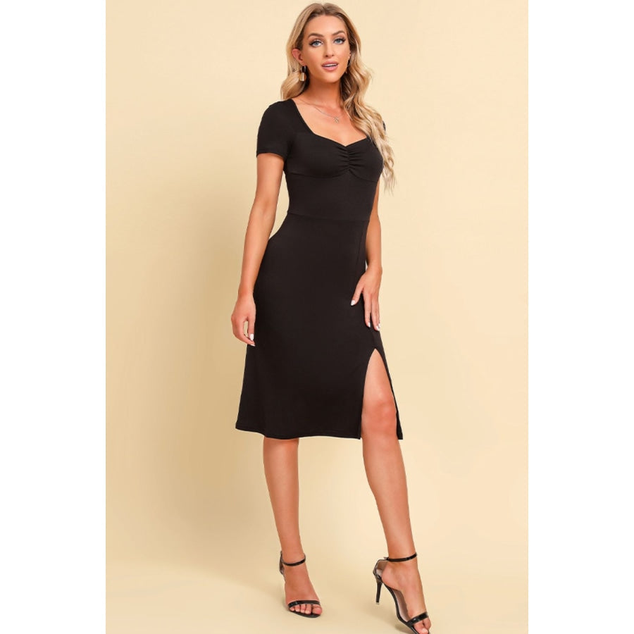 Ruched Sweetheart Neck Short Sleeve Slit Dress