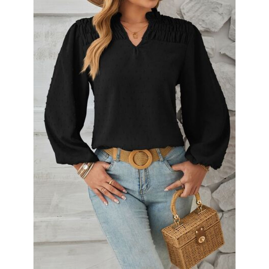 Ruched Swiss Dot Notched Balloon Sleeve T - Shirt Apparel and Accessories