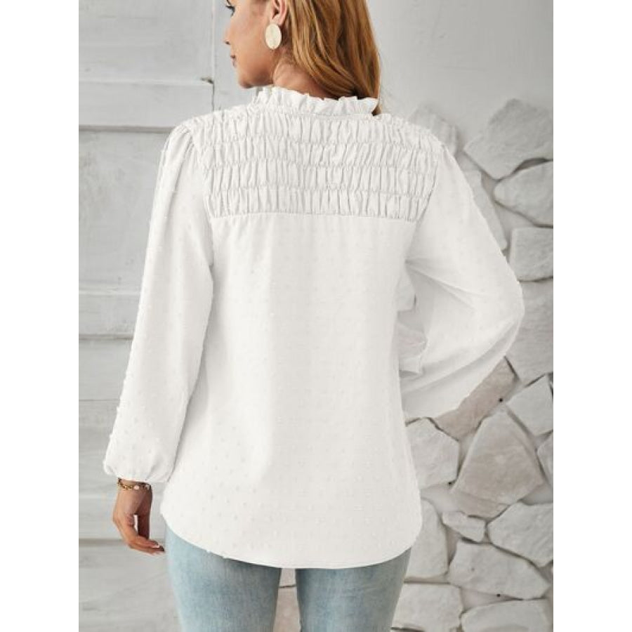 Ruched Swiss Dot Notched Balloon Sleeve T - Shirt Apparel and Accessories