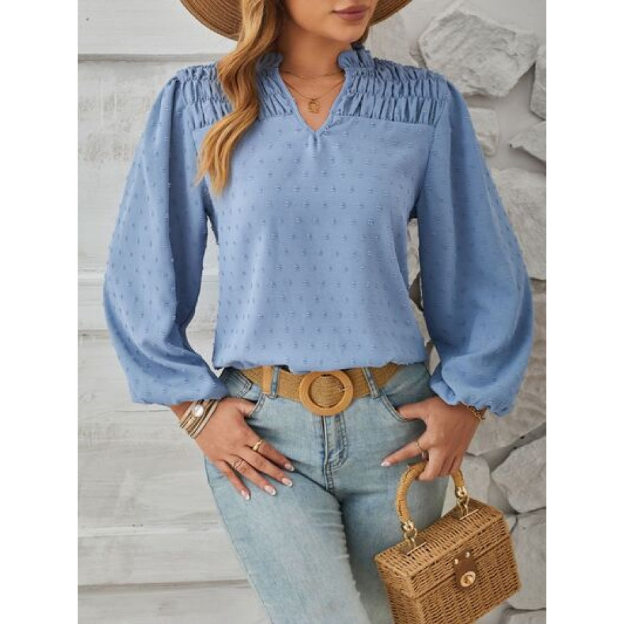 Ruched Swiss Dot Notched Balloon Sleeve T - Shirt Apparel and Accessories