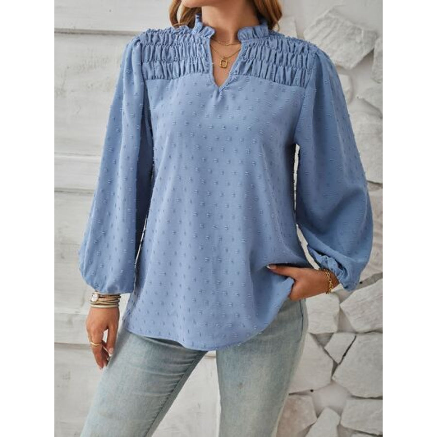 Ruched Swiss Dot Notched Balloon Sleeve T - Shirt Apparel and Accessories