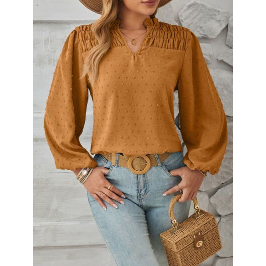 Ruched Swiss Dot Notched Balloon Sleeve T - Shirt Apparel and Accessories