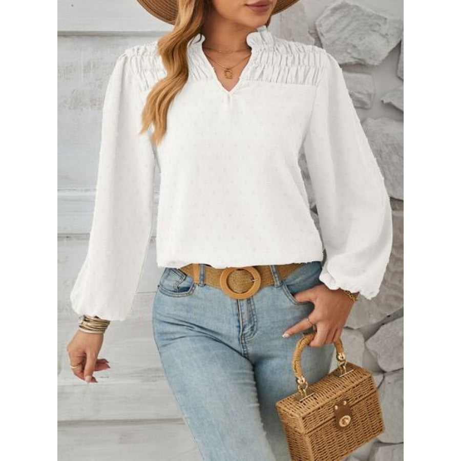 Ruched Swiss Dot Notched Balloon Sleeve T - Shirt Apparel and Accessories