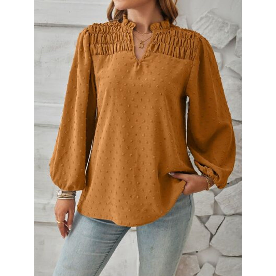 Ruched Swiss Dot Notched Balloon Sleeve T - Shirt Apparel and Accessories