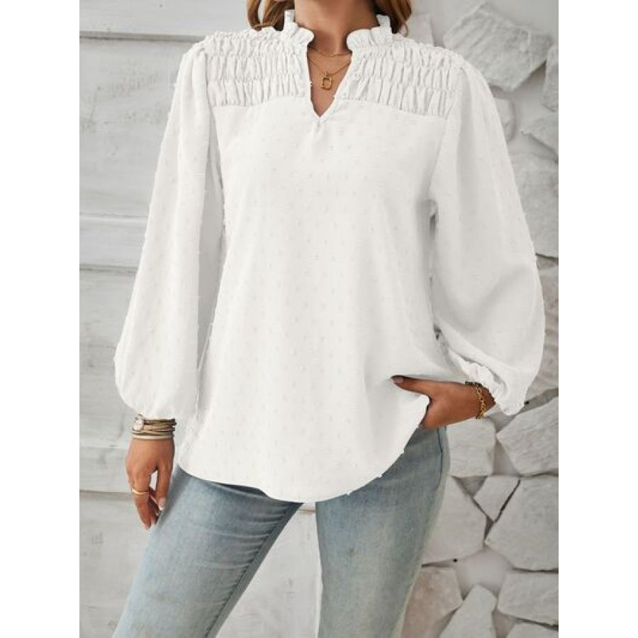 Ruched Swiss Dot Notched Balloon Sleeve T - Shirt Apparel and Accessories