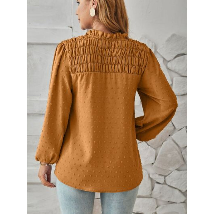 Ruched Swiss Dot Notched Balloon Sleeve T - Shirt Apparel and Accessories