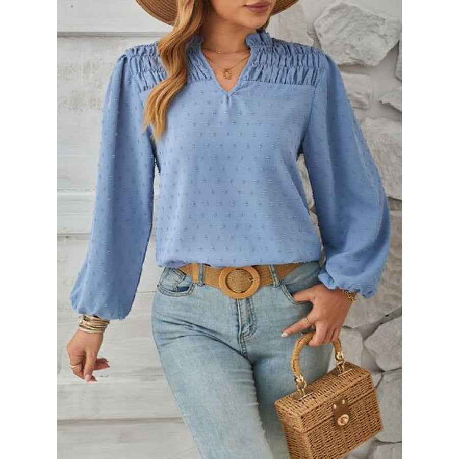 Ruched Swiss Dot Notched Balloon Sleeve T - Shirt Apparel and Accessories