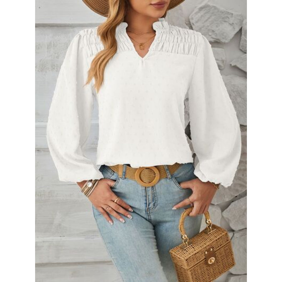 Ruched Swiss Dot Notched Balloon Sleeve T - Shirt Apparel and Accessories