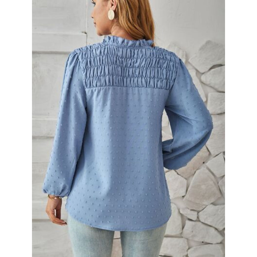 Ruched Swiss Dot Notched Balloon Sleeve T - Shirt Apparel and Accessories