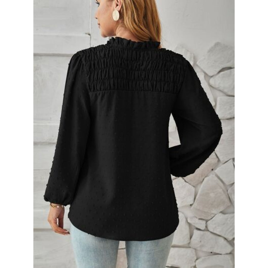 Ruched Swiss Dot Notched Balloon Sleeve T - Shirt Apparel and Accessories