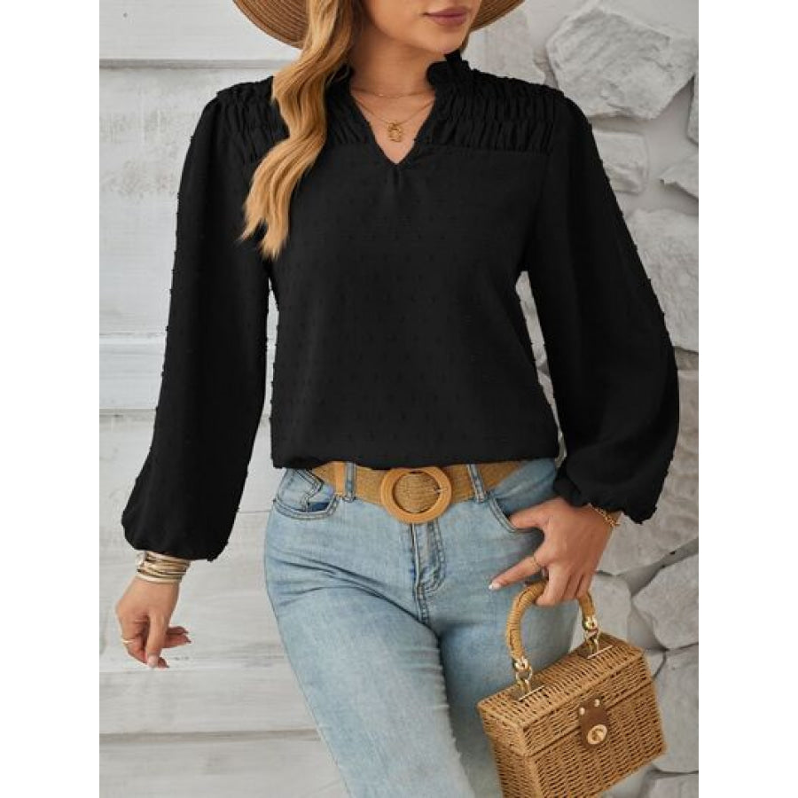 Ruched Swiss Dot Notched Balloon Sleeve T - Shirt Black / S Apparel and Accessories
