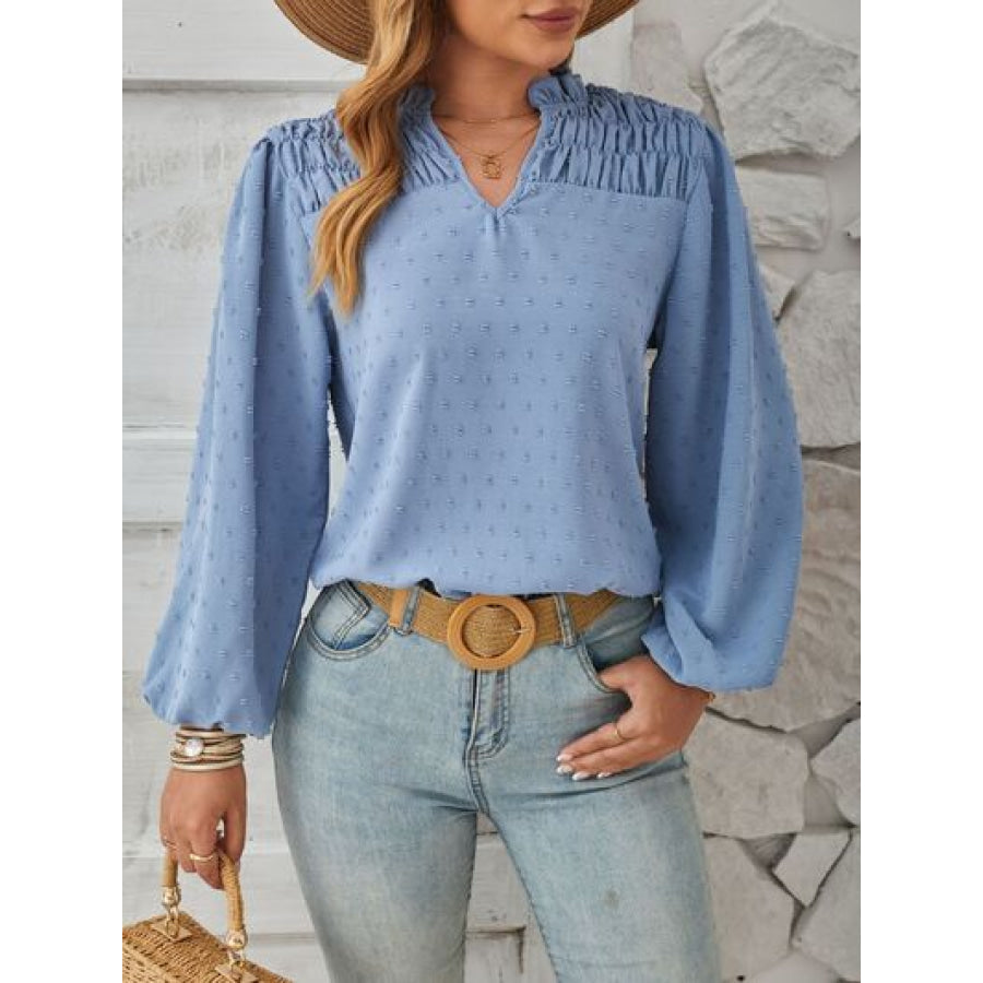 Ruched Swiss Dot Notched Balloon Sleeve T - Shirt Misty Blue / S Apparel and Accessories