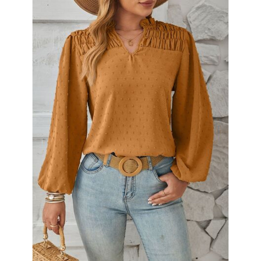 Ruched Swiss Dot Notched Balloon Sleeve T - Shirt Ochre / S Apparel and Accessories