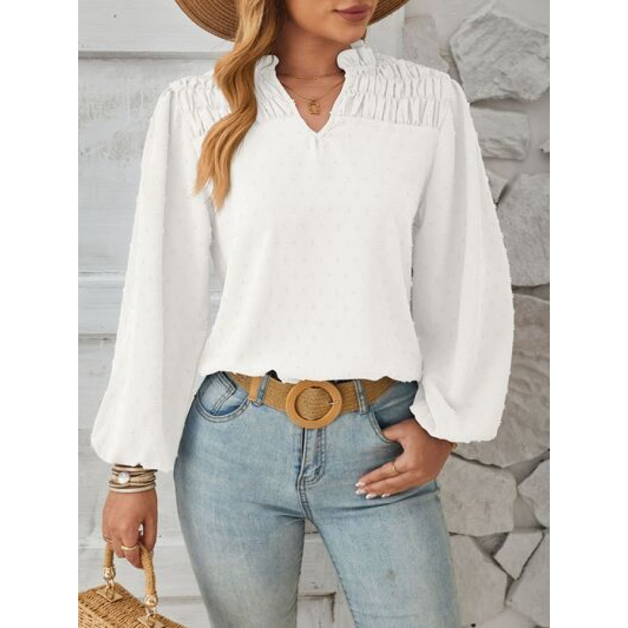 Ruched Swiss Dot Notched Balloon Sleeve T - Shirt White / S Apparel and Accessories