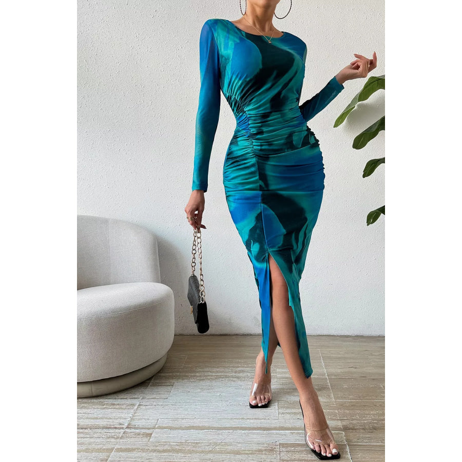 Ruched Tie-Dye Midi Dress with High Slit Apparel and Accessories