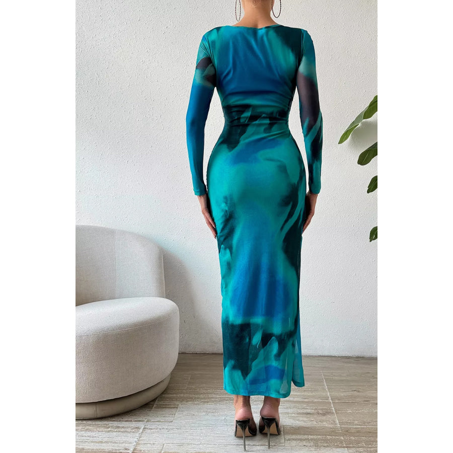 Ruched Tie-Dye Midi Dress with High Slit Apparel and Accessories