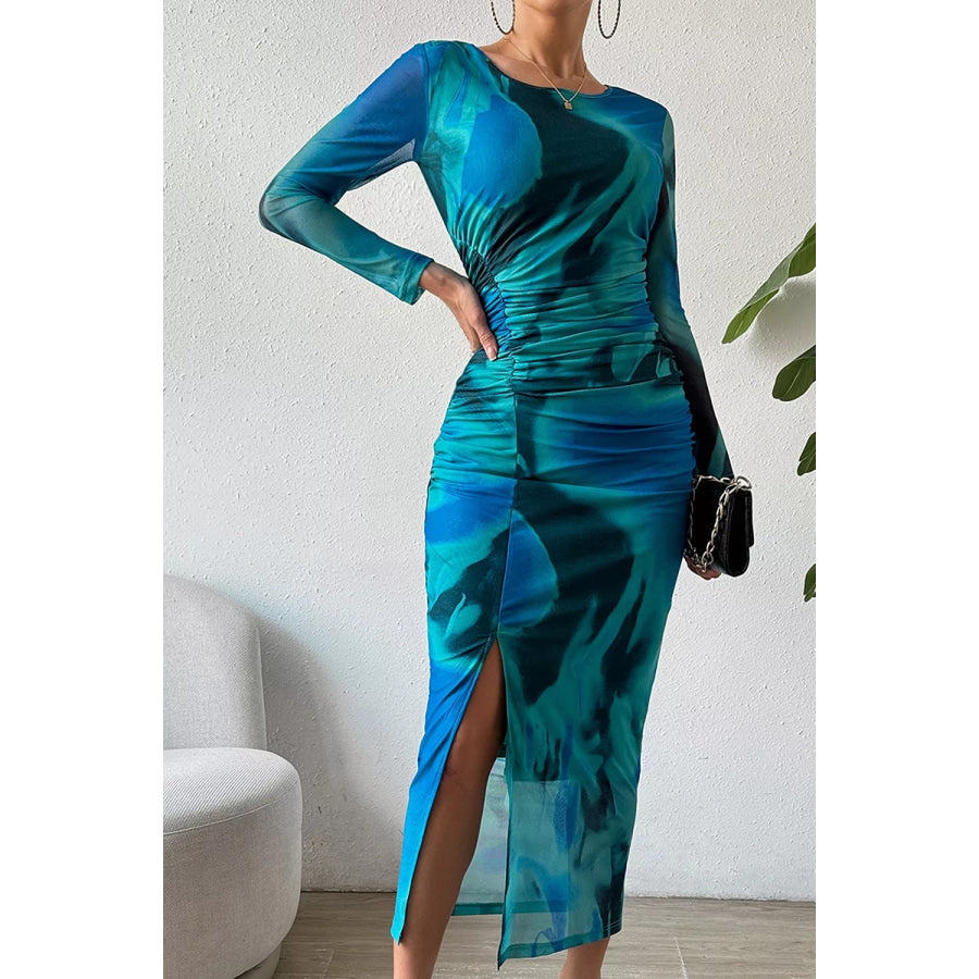 Ruched Tie-Dye Midi Dress with High Slit Apparel and Accessories