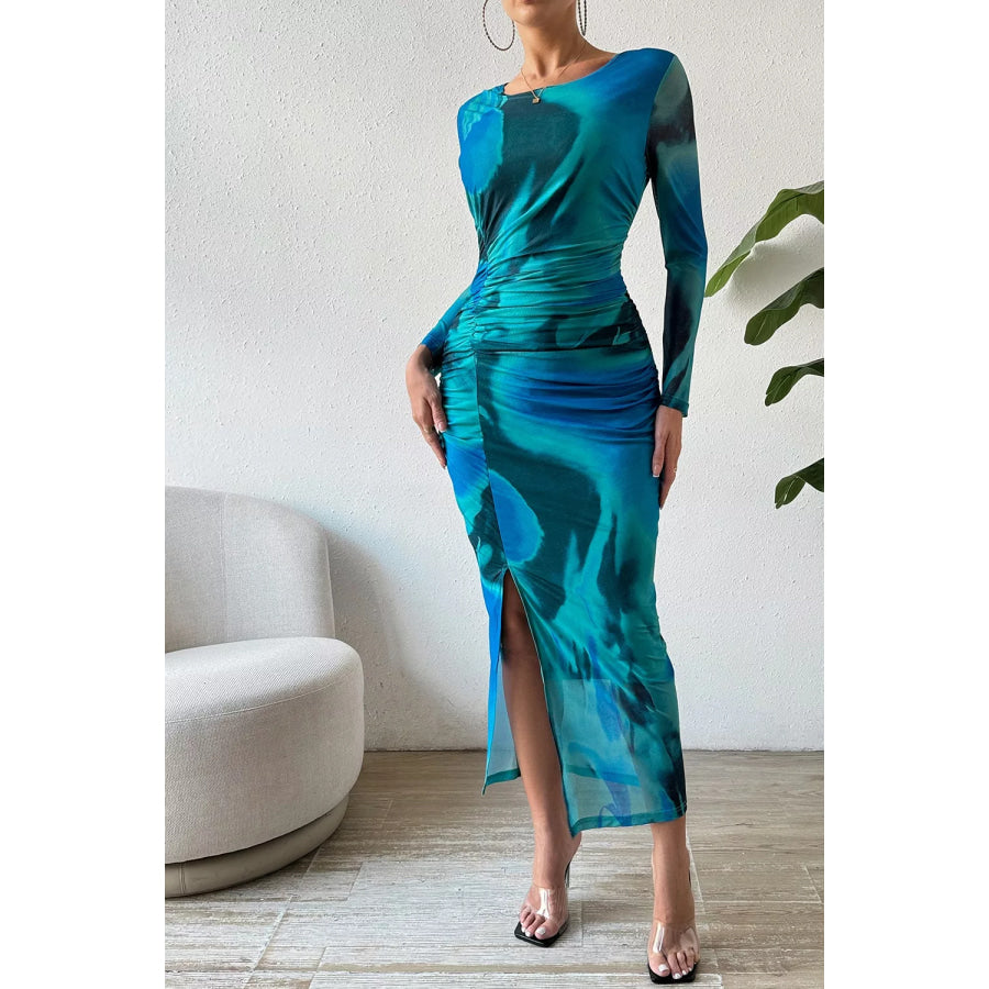 Ruched Tie-Dye Midi Dress with High Slit Apparel and Accessories