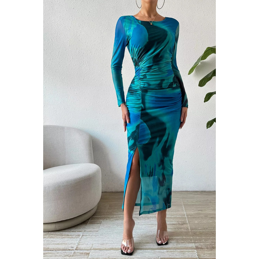 Ruched Tie-Dye Midi Dress with High Slit Dusty Blue / S Apparel and Accessories