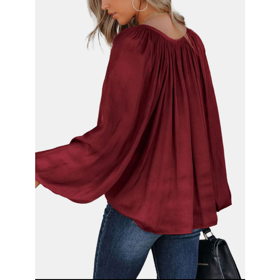 Ruched Tie Neck Balloon Sleeve Blouse Apparel and Accessories