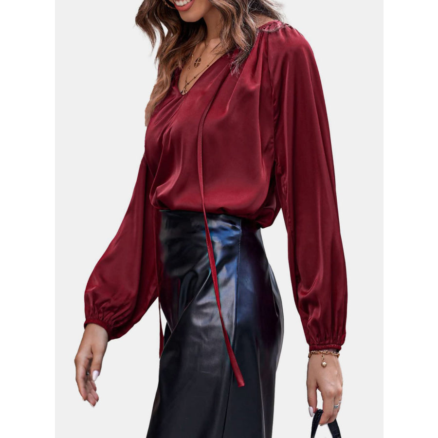 Ruched Tie Neck Balloon Sleeve Blouse Apparel and Accessories