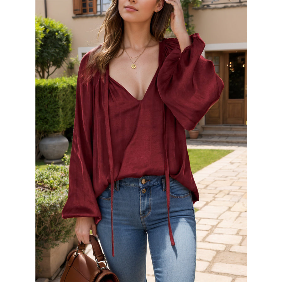 Ruched Tie Neck Balloon Sleeve Blouse Burgundy / S Apparel and Accessories