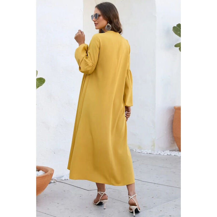 Ruched Tie Neck Balloon Sleeve Midi Dress True Yellow / S Apparel and Accessories