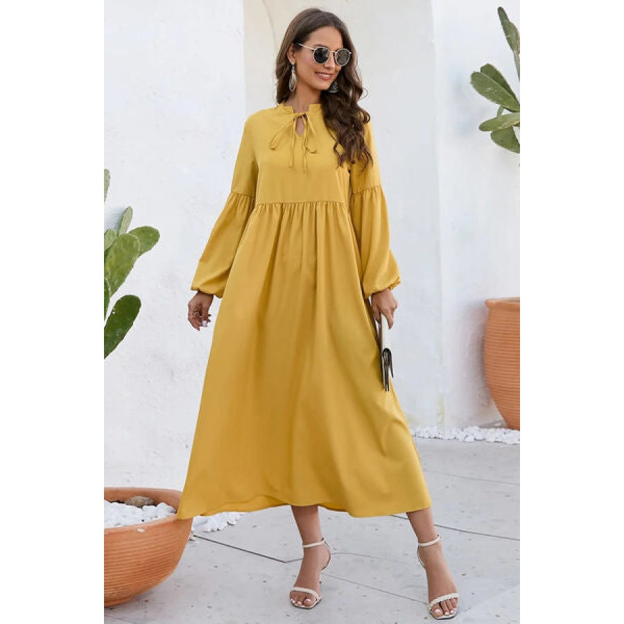 Ruched Tie Neck Balloon Sleeve Midi Dress True Yellow / S Apparel and Accessories