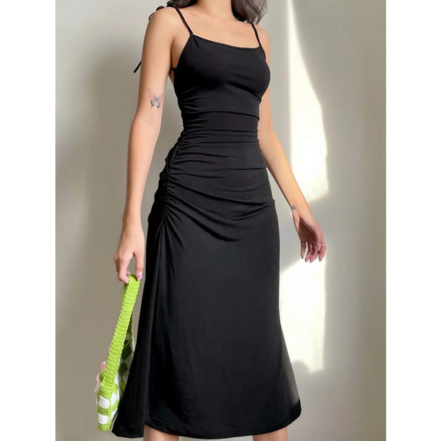 Ruched Tie Shoulder Midi Dress Apparel and Accessories
