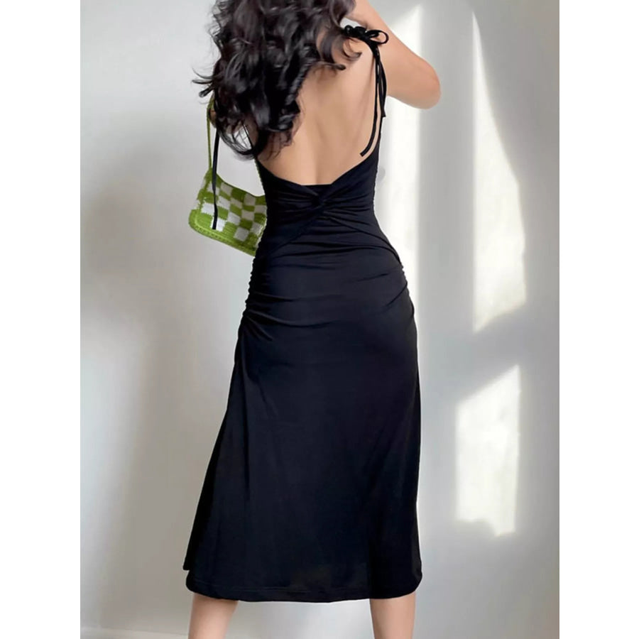 Ruched Tie Shoulder Midi Dress Apparel and Accessories