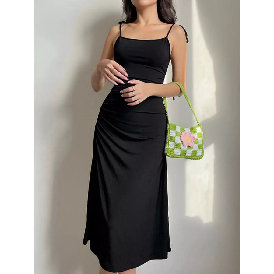 Ruched Tie Shoulder Midi Dress Apparel and Accessories