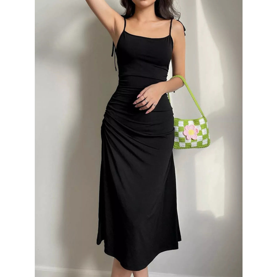Ruched Tie Shoulder Midi Dress Apparel and Accessories