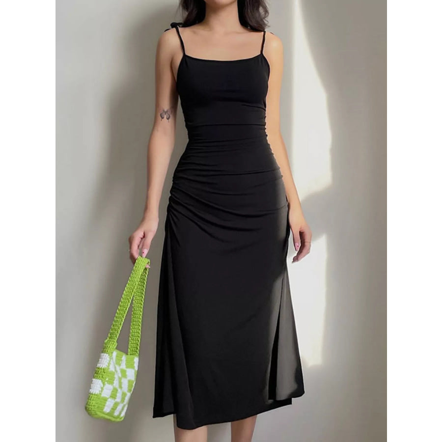 Ruched Tie Shoulder Midi Dress Black / S Apparel and Accessories
