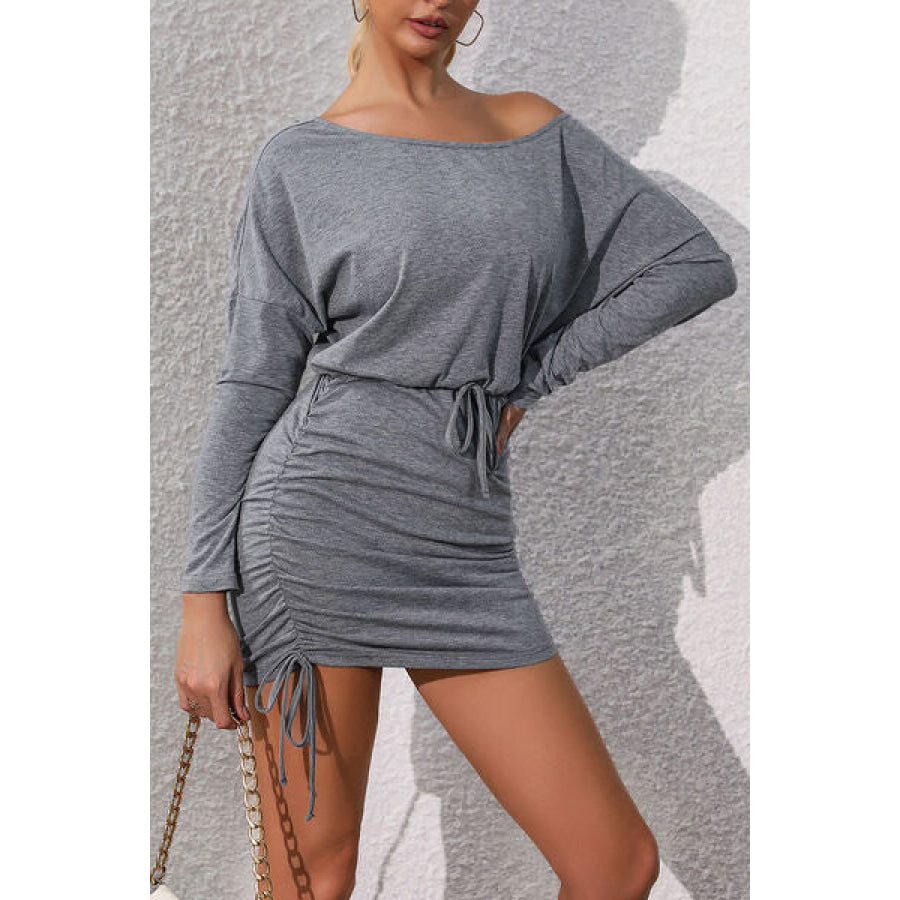 Ruched Tied Long Sleeve Mini Dress Cloudy Blue / S Apparel and Accessories