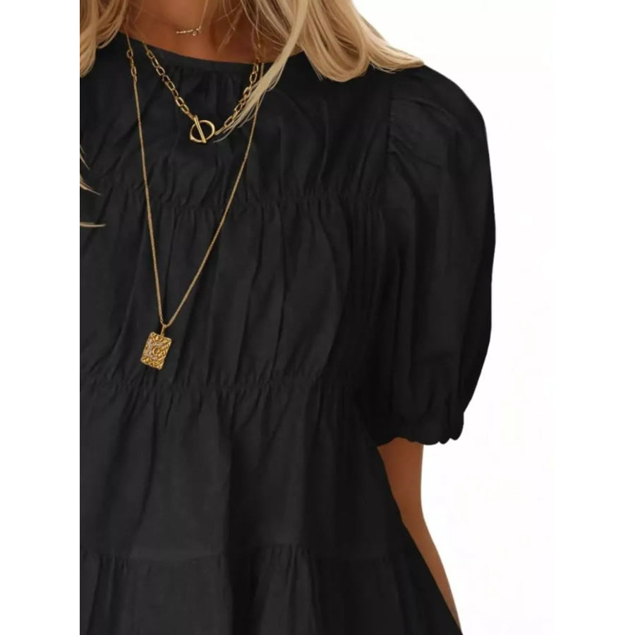Ruched Tiered Puff Sleeve Blouse Apparel and Accessories