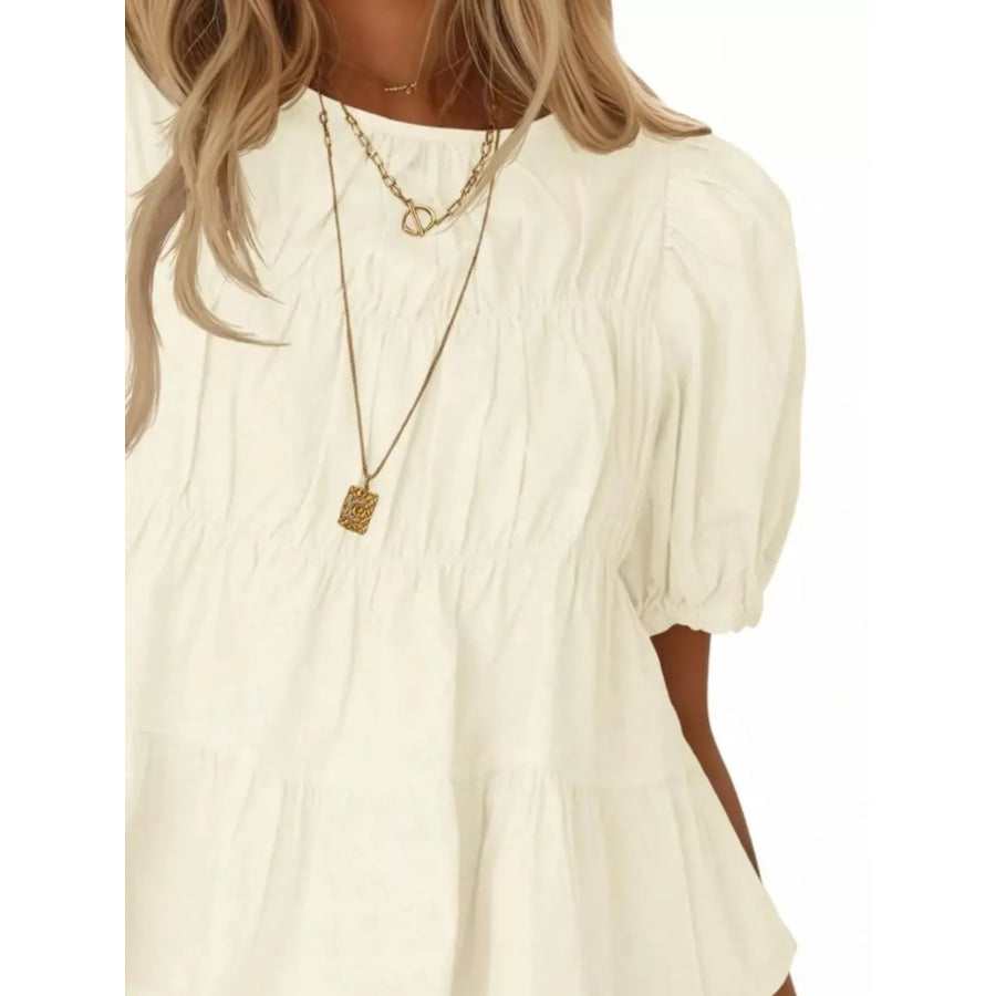 Ruched Tiered Puff Sleeve Blouse Apparel and Accessories
